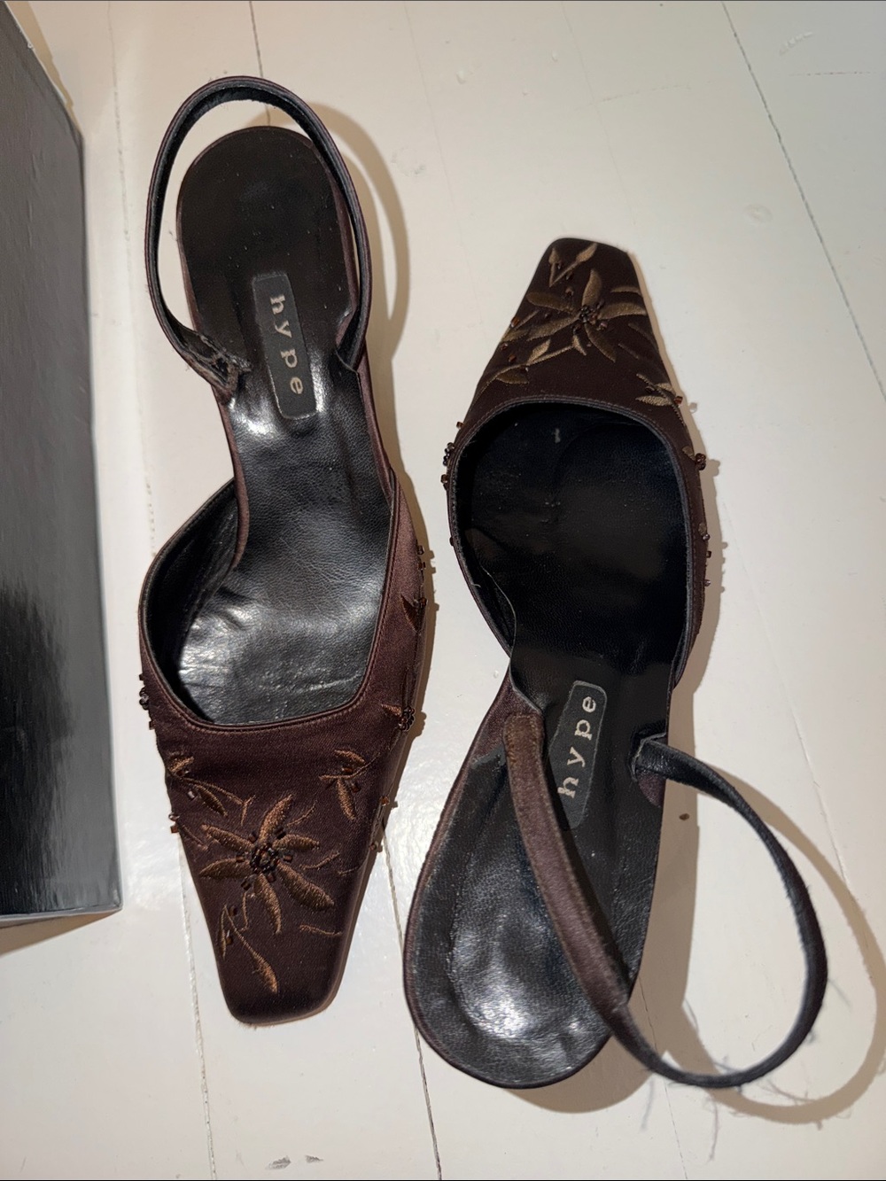 Hype Brown Satin Embroidered Slingback Mules
